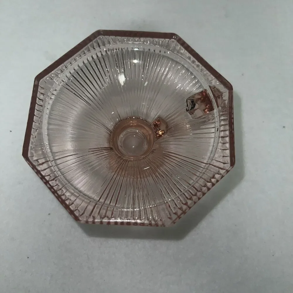 Vintage Pink Glass Candle Holder Chamberstick Ribbed Hexagon Depression